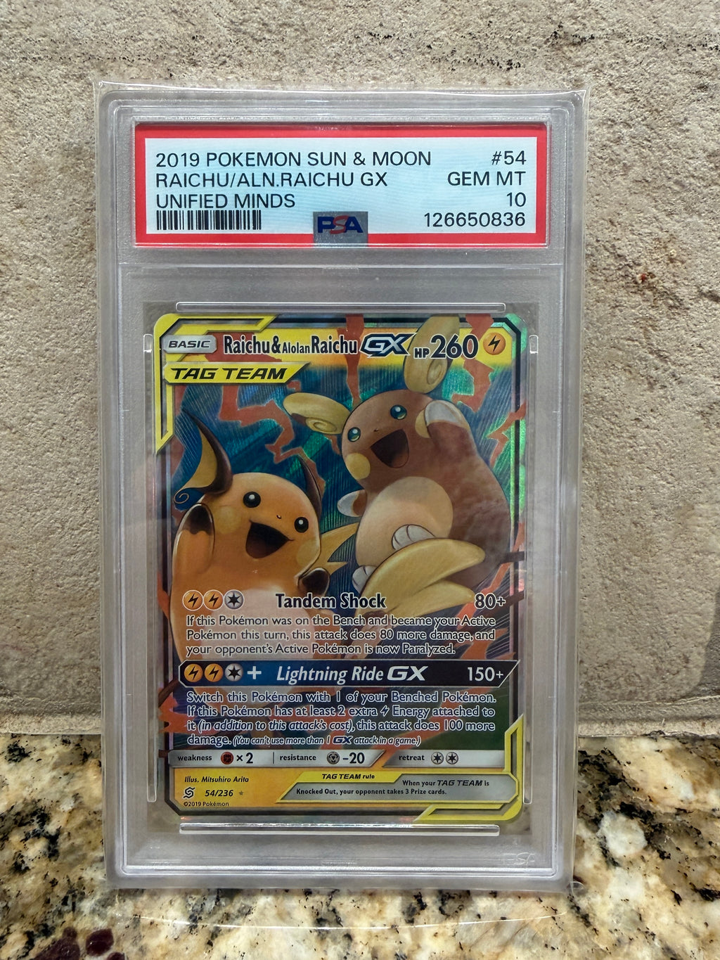 PSA Gem Mint 10 Raichu & Alolan Raichu GX #54